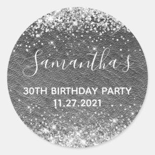 Silver Glitter Dark Grey Leather 30th Birthday Classic Round Sticker