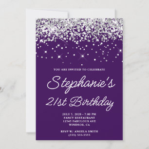 Silver Glitter Dark Purple 21st Birthday Invitation