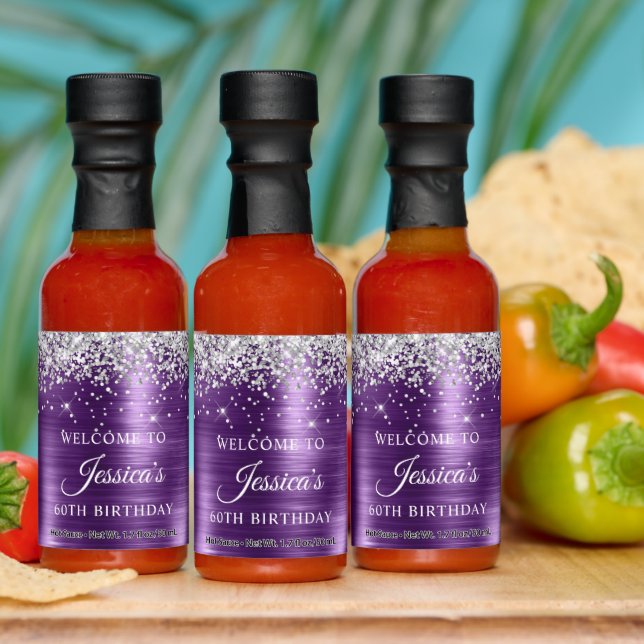 Silver Glitter Dark Purple Foil 60th B-day Welcome Hot Sauces (Multi)