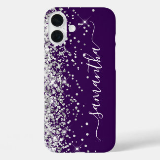 Silver Glitter Dark Purple Girly Signature iPhone 16 Plus Case