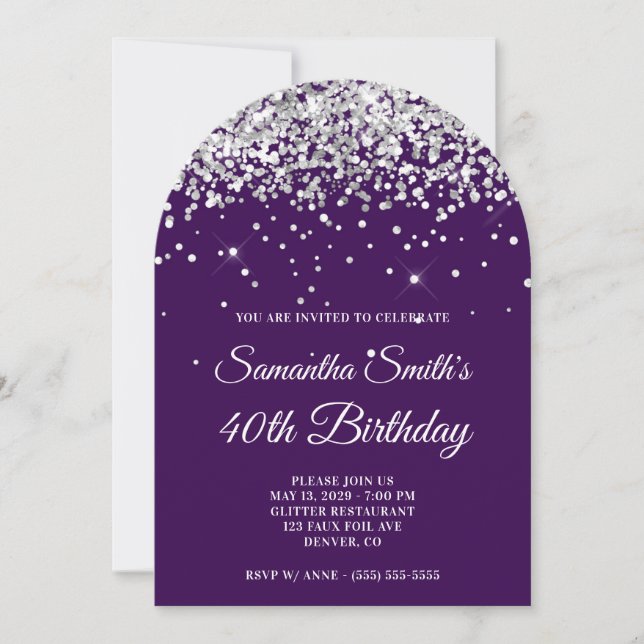 Silver Glitter Dark Purple Photo 40th Birthday Invitation (Front)