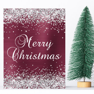Silver Glitter Dark Red Foil Big Merry Christmas Card