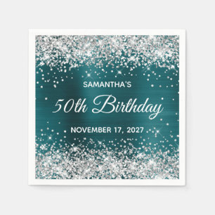 Silver Glitter Dark Teal Blue Foil 50th Birthday Napkins