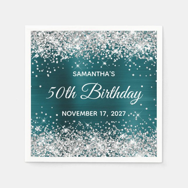 Silver Glitter Dark Teal Blue Foil 50th Birthday Napkins (Front)
