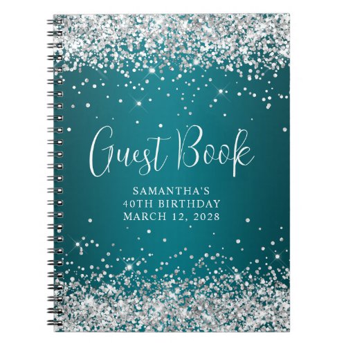Silver Glitter Dark Turquoise 40th Birthday Guest Notebook