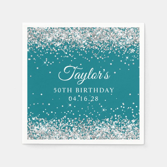 Silver Glitter Dark Turquoise 50th Birthday Napkins (Front)