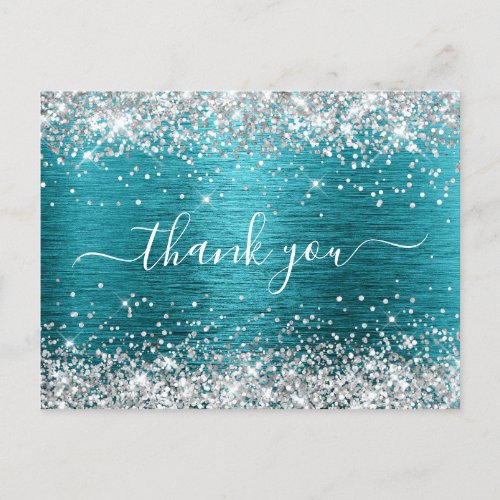 Silver Glitter Dark Turquoise Birthday Thank You Postcard