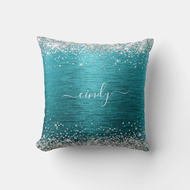 Silver Glitter Dark Turquoise Brushed Metal Name Throw Pillow (Front)