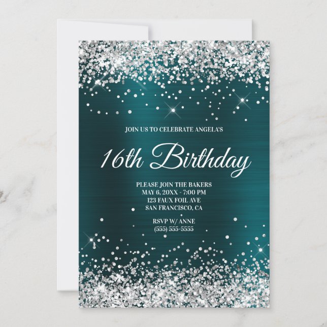 Silver Glitter Dark Turquoise Ombre Foil Monogram Invitation (Front)