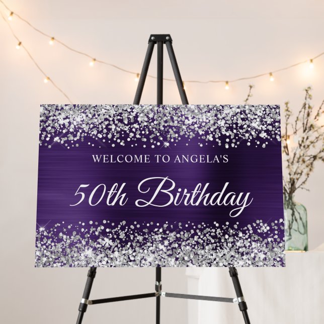 Silver Glitter Dark Violet 50th Birthday Welcome Foam Board (In Situ (Stand))