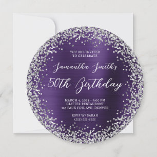 Silver Glitter Dark Violet Foil 50th Birthday Invitation