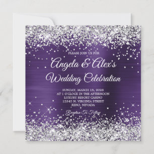 Silver Glitter Dark Violet Foil Elegant Wedding Invitation