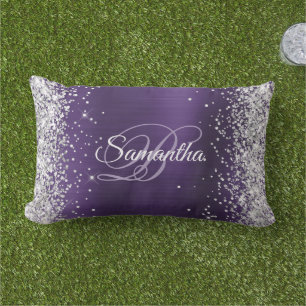 Silver Glitter Dark Violet Foil Fancy Monogram Lumbar Pillow