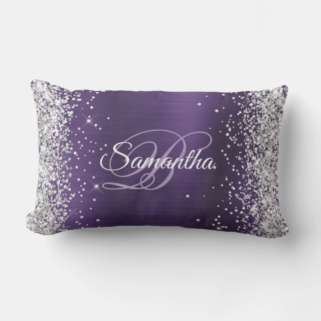 Silver Glitter Dark Violet Foil Fancy Monogram Lumbar Pillow (Front)