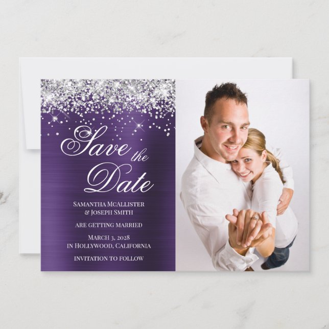 Silver Glitter Dark Violet Foil Photo Save The Date (Front)