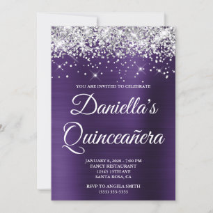 Silver Glitter Dark Violet Foil Quinceañera Invitation