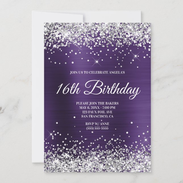 Silver Glitter Dark Violet Ombre Foil Monogram Invitation (Front)
