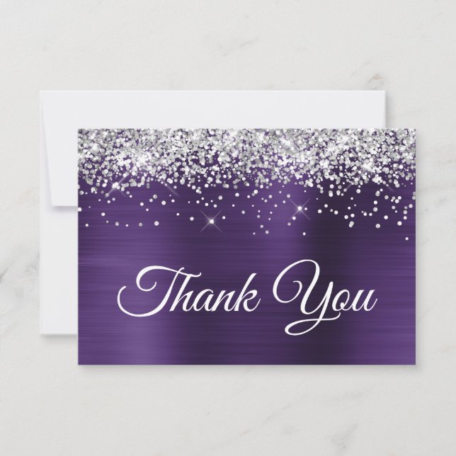 Silver Glitter Dark Violet Purple 40th Birthday Thank You Card (Front)