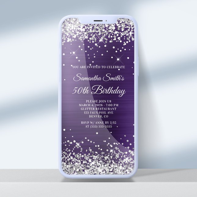 Silver Glitter Dark Violet Purple 50th Birthday Invitation (Creator Uploaded)