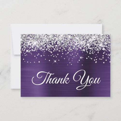 Silver Glitter Dark Violet Purple 50th Birthday Thank You Card