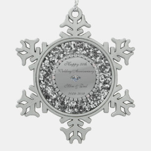 Silver Glitter Diamond 50th Wedding Anniversary Snowflake Pewter Christmas Ornament