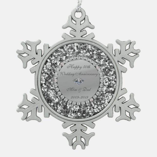 Silver  Glitter  Diamond 50th Wedding Anniversary Snowflake Pewter Christmas Ornament (Front)