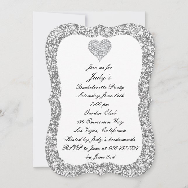Silver Glitter Diamond Heart Bachelorette Party Invitation (Front)