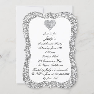 Silver Glitter Diamond Heart Bachelorette Party Invitation