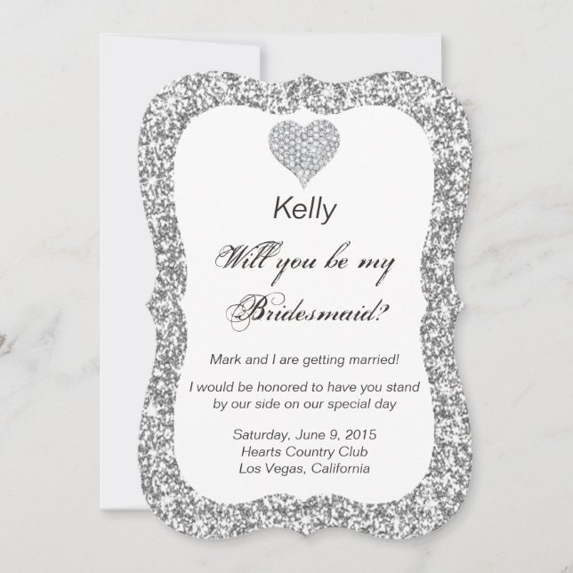 Silver Glitter Diamond Heart Bridesmaid Card (Front)
