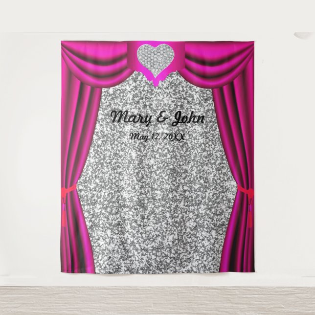Silver Glitter Diamond Heart Pink Curtain Backdrop (Front)