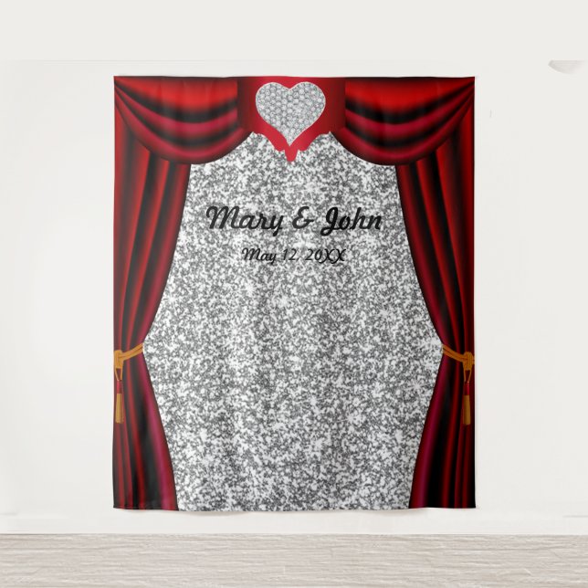 Silver Glitter Diamond Heart Red Curtain Backdrop (Front)
