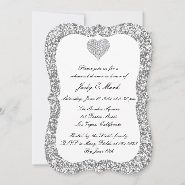 Silver Glitter Diamond Heart Rehearsal Dinner Invitation (Front)