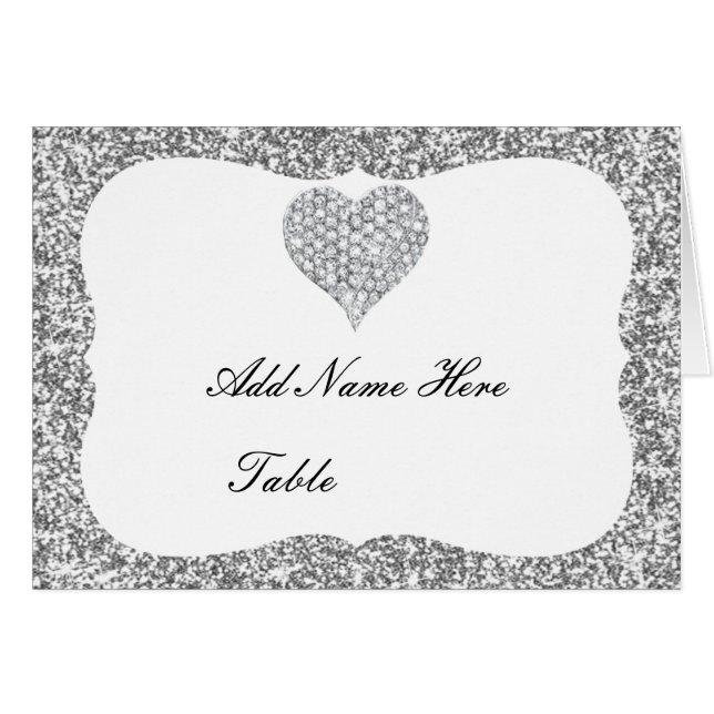Silver Glitter Diamond Heart Table Place Card (Front Horizontal)