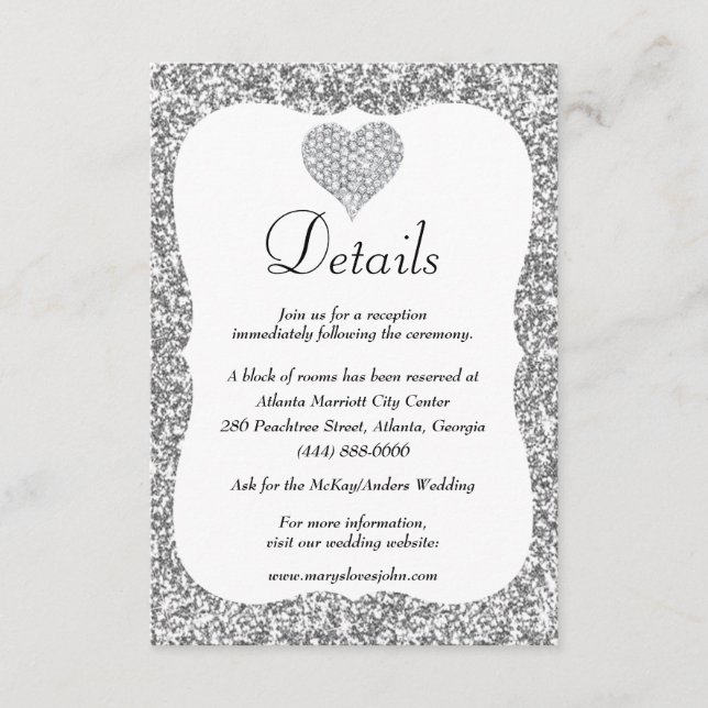 Silver Glitter Diamond Heart Wedding Details Enclosure Card (Front)