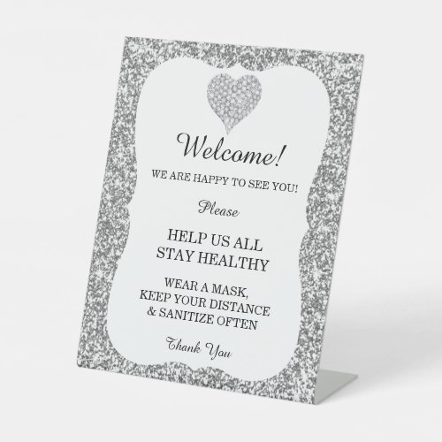 Silver Glitter Diamond Heart Wedding Safety  Pedestal Sign