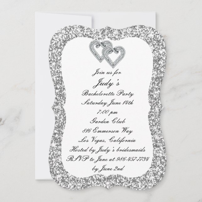 Silver Glitter Diamond Hearts Bachelorette Party Invitation (Front)