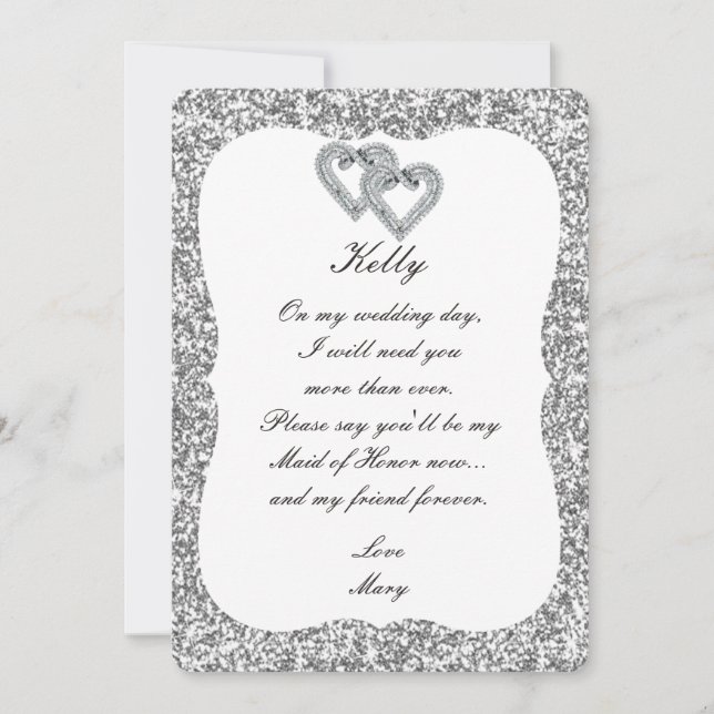 Silver Glitter Diamond Hearts Maid Of Honor Card (Front)