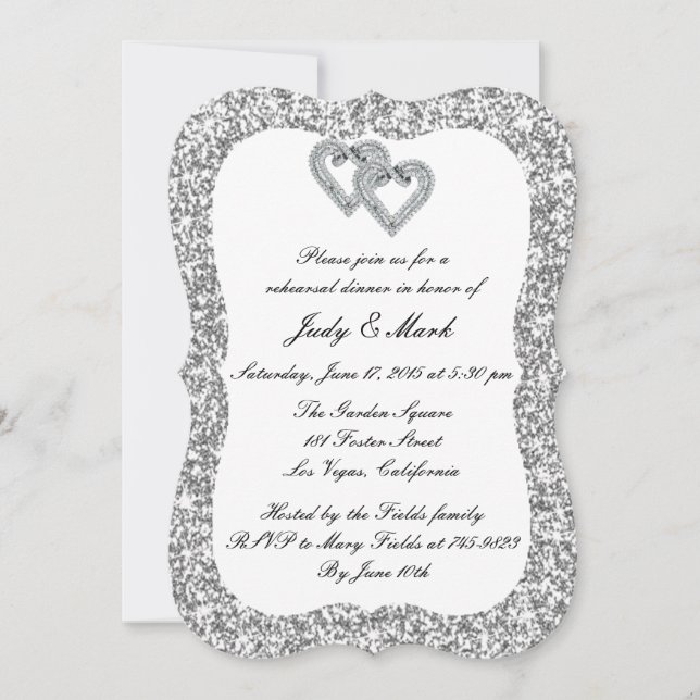 Silver Glitter Diamond Hearts Rehearsal Dinner Invitation (Front)