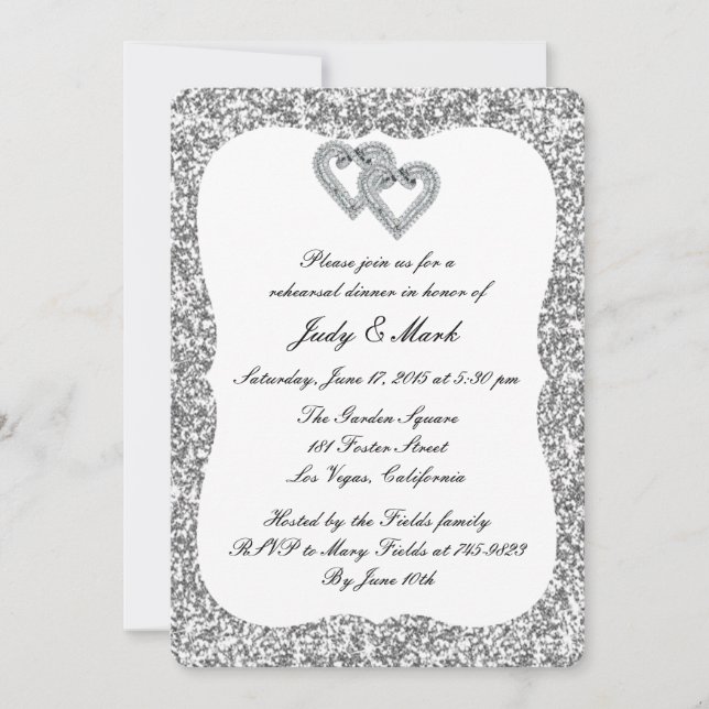 Silver Glitter Diamond Hearts Rehearsal Dinner Invitation (Front)
