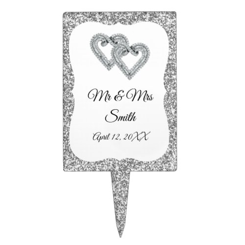 Silver Glitter Diamond Hearts Wedding Cake Topper