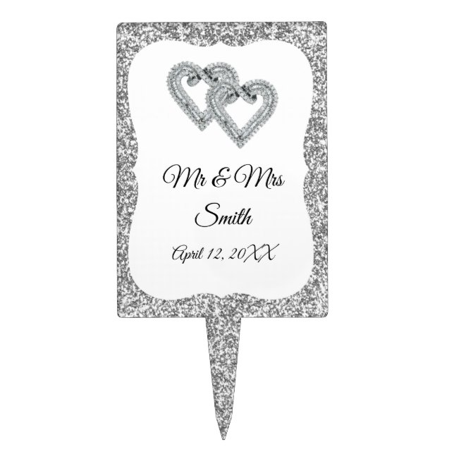 Silver Glitter Diamond Hearts Wedding Cake Topper (Front)