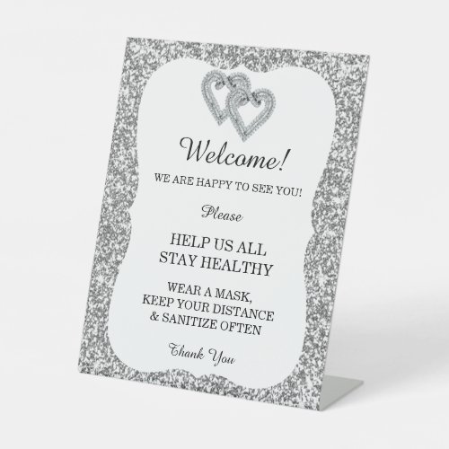 Silver Glitter Diamond Hearts Wedding Safety  Pedestal Sign