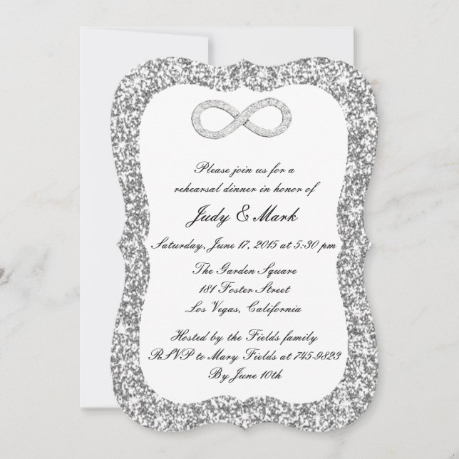 Silver Glitter Diamond Infinity Rehearsal Dinner Invitation (Front)