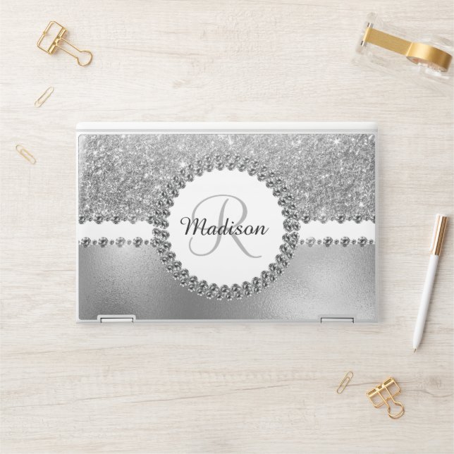 Silver Glitter Diamond Personalized Monogram HP Laptop Skin (Desk)