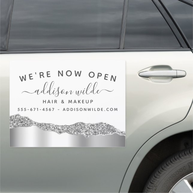 Silver Glitter Diamonds Glam Business Car Magnet (In Situ)
