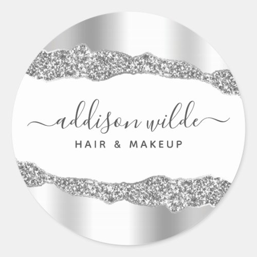 Silver Glitter Diamonds Glam Business Classic Round Sticker