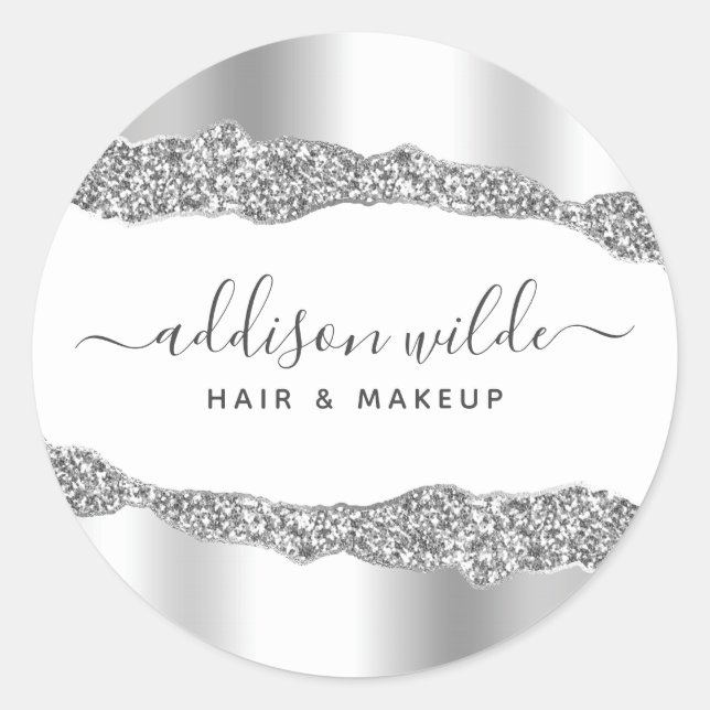 Silver Glitter Diamonds Glam Business Classic Round Sticker (Front)