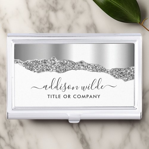 Silver Glitter Diamonds Glam Professional Business Card Case