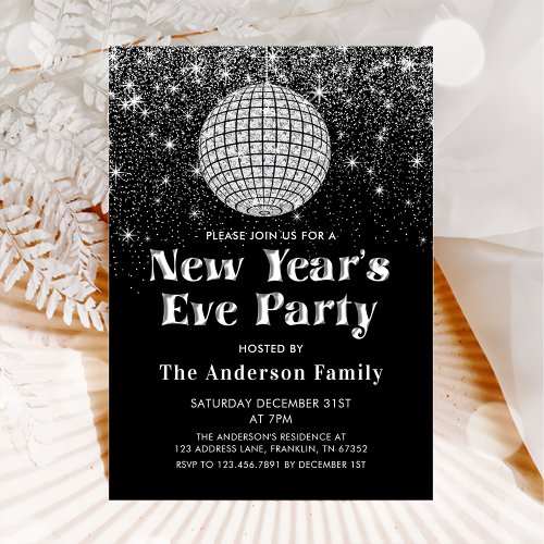 Silver Glitter Disco Ball New Years Eve Party  Invitation