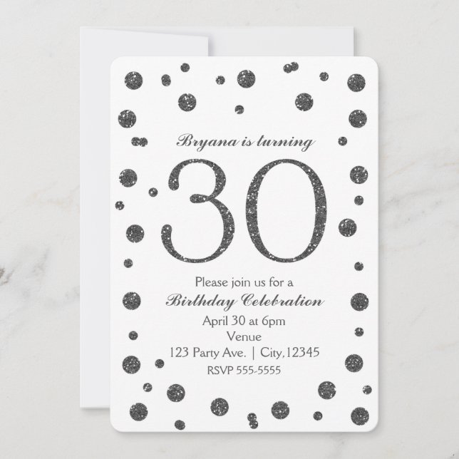 Silver Glitter Dots 30th 30 Birthday Party Invitation (Front)